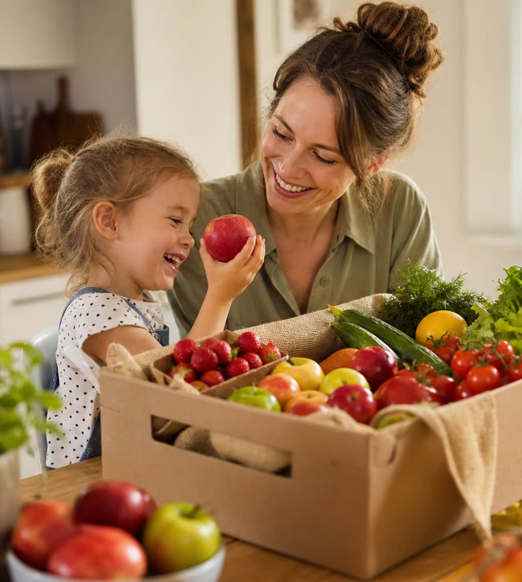 Mutter und Kind freuen sich zu Hause über eine frische Kiste mit Obst und Gemüse.